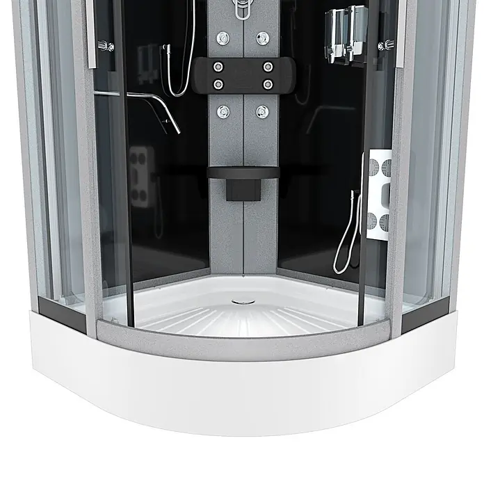 AcquaVapore Komplettdusche Fertigdusche D58-03T0-EC - 80 x 80 x 215 cm, Schwarz - Moderne Eckduschkabine mit weißer Wanne, schwarzer Rückwand, grauem Rahmen und Glastüren.