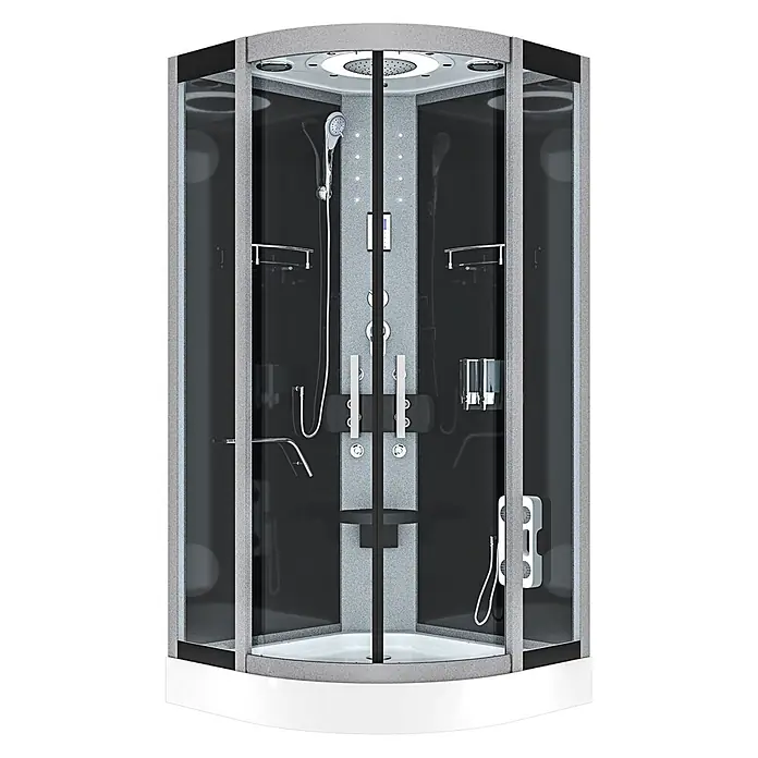 AcquaVapore Komplettdusche Fertigdusche D58-03T0-EC - 80 x 80 x 215 cm, Schwarz - Moderne graue und schwarze Eckduschkabine mit klaren Glastüren, weißem Sockel, mehreren Duschfunktionen, integriertem Sitz und Bedienelementen.