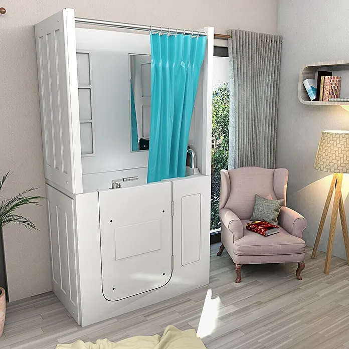 AcquaVapore Komplettdusche Fertigdusche S08D-B-R - 110 x 68 x 205 cm, Weiß - Weiße barrierefreie Badewanne mit türkisfarbenem Duschvorhang in einem modernen Raum.