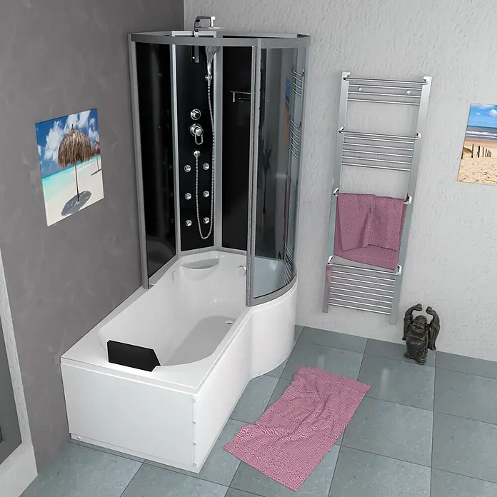 AcquaVapore Komplettdusche Fertigdusche K50-L30 - Schwarz - Weiße Eckbadewanne mit integrierter schwarzer Glas-Duschkabine in einem modernen Badezimmer.