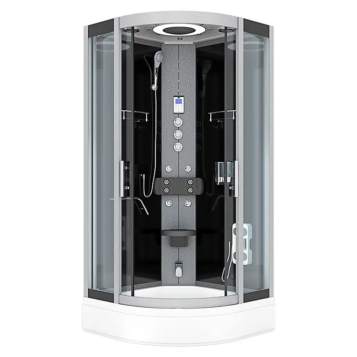AcquaVapore Komplettdusche Dampfdusche D58-63T3 - Schwarz - Moderne Multifunktions-Duschkabine mit grauem Texturpaneel, Glastüren, Chromarmaturen und weißem Sockel.