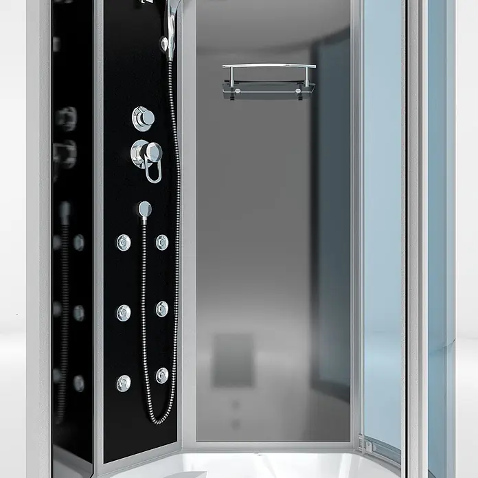 AcquaVapore Komplettdusche Fertigdusche K50-L30-WP - Schwarz - Moderne Duschkabine mit schwarzer Armatur, Chrombedienung, Handbrause, Massagedüsen und Glasablage.