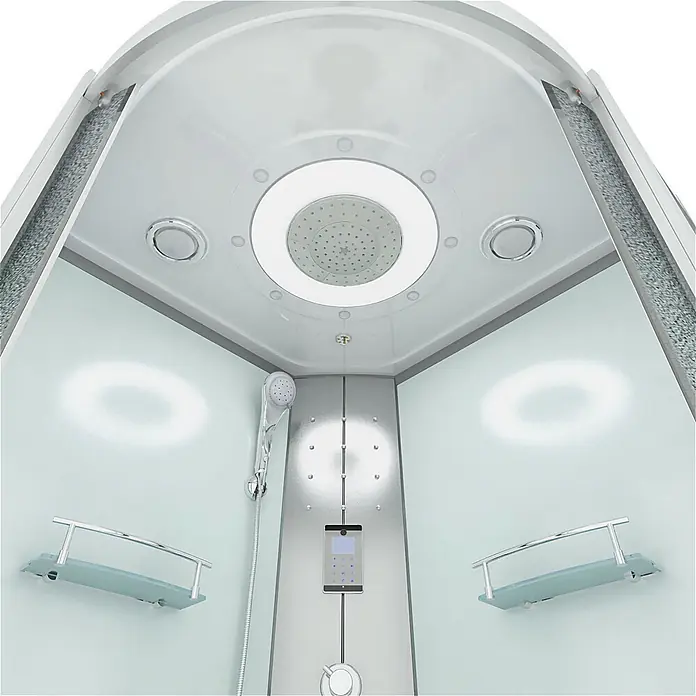 AcquaVapore Komplettdusche Fertigdusche D58-50M0 - Weiß - Moderner, weißer Duschkabinen-Innenraum mit Kopf- und Handbrause, Bedienfeld und Ablagen aus Milchglas.