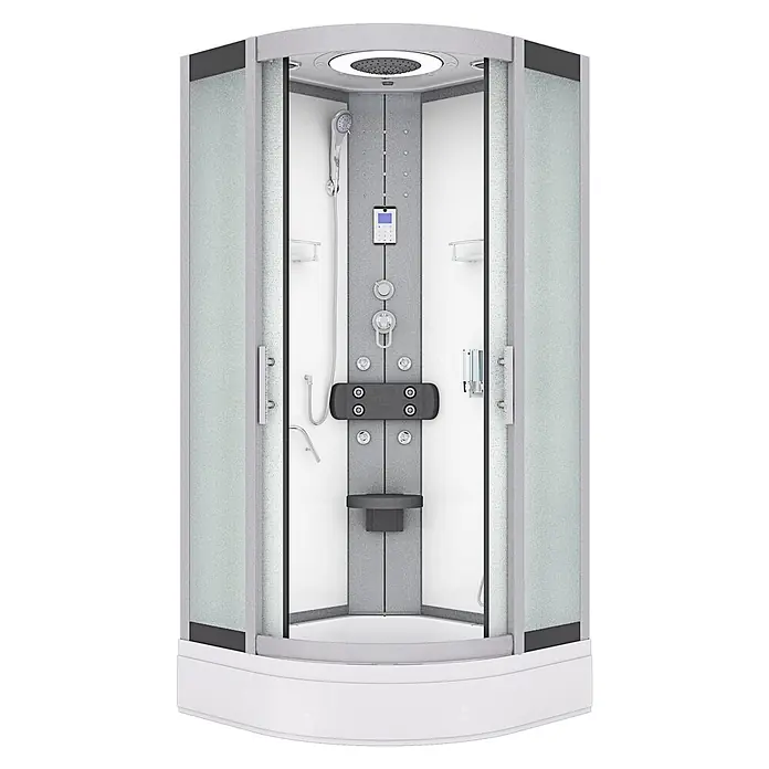 AcquaVapore Komplettdusche Fertigdusche D58-50M0 - Weiß - Moderne Duschkabine mit Milchglas, grauem Rahmen, Regenbrause, Handbrause, Massagedüsen, Bedienfeld und Sitz.