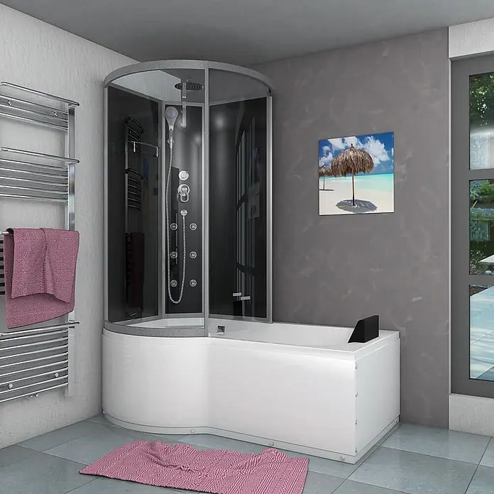 AcquaVapore Komplettdusche Fertigdusche K50-L30 - Schwarz - Moderne Eck-Dusch-Badewannen-Kombination mit weißer Wanne und dunkler Glaskabine, Chromarmaturen, in einem zeitgenössischen Badezimmer.