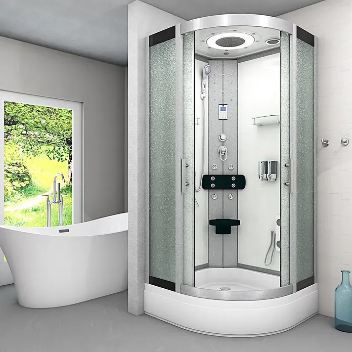 AcquaVapore Komplettdusche Fertigdusche D58-50M0 - Weiß - Moderne Eckduschkabine mit mattiertem Glas, integriertem Duschsystem und weißer Duschwanne, in einem geräumigen Badezimmer.
