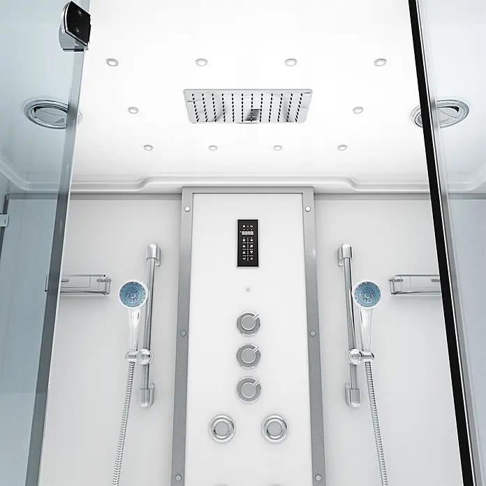 AcquaVapore Komplettdusche Dampfdusche K80-WS-TH-A - Weiß - Modernes Duschkabinen-Interieur in Weiß und Chrom mit Regendusche, Handbrausen und digitaler Steuerung für ein luxuriöses Duscherlebnis.