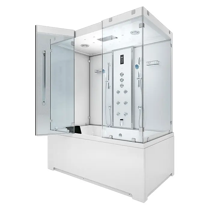 AcquaVapore Komplettdusche Dampfdusche K80-WS-TH-A - Weiß - Moderne weiße Duschkabine mit integrierter Badewanne, klaren Glaspaneelen und einem Mehrstrahl-Duschsystem.