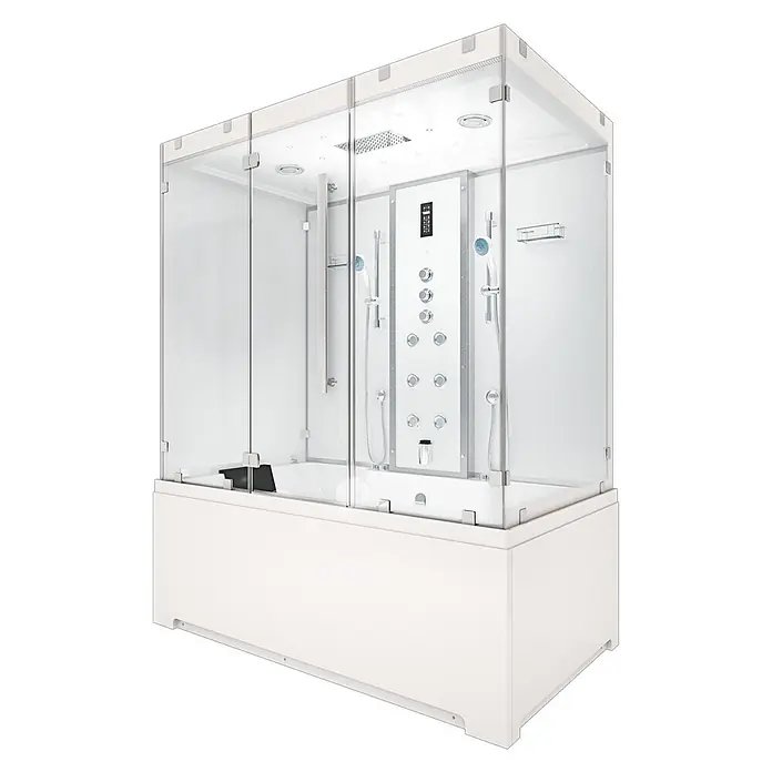 AcquaVapore Komplettdusche Dampfdusche K80-WS-TH-A - Weiß - Moderne weiße Multifunktions-Duschkabine mit Glasgehäuse und integrierter Badewanne, ausgestattet mit Massagedüsen und Bedienfeld.