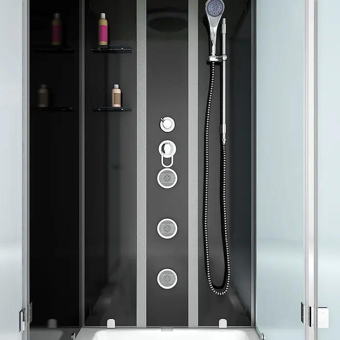 AcquaVapore Komplettdusche Fertigdusche K05-L30-EC - Schwarz - Moderne schwarz-graue Duschkabine mit Chrom-Handbrause, Bedienelementen und Hydro-Massagedüsen. Ablagen für Pflegeprodukte.
