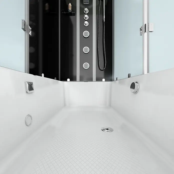AcquaVapore Komplettdusche Fertigdusche K05-L33-EC - Schwarz - Moderne Duschkabine mit integrierter Badewanne, schwarzem und grauem Paneel, Chromdetails.