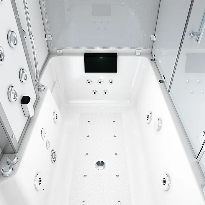 AcquaVapore Komplettdusche Dampfdusche K80-WS-TH-A - Weiß - Weiße Whirlpool-Badewanne mit Chrom-Hydro-Massagedüsen, integriertem Bildschirm und Glasumrandung.