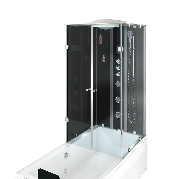 AcquaVapore Komplettdusche Fertigdusche K05-L33-EC - Schwarz - Weiße Dusch-Badewannen-Kombination mit schwarzen Rückwänden und Glasabtrennung, inkl. Regendusche und Massagedüsen.