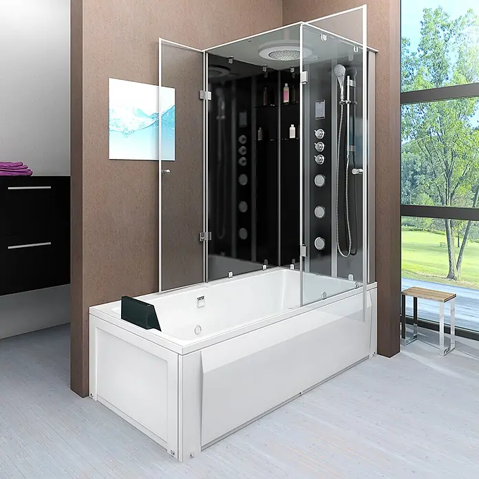 AcquaVapore Komplettdusche Fertigdusche K05-L33-EC - Schwarz - Moderne weiße Badewanne mit integrierter Duschkabine aus schwarzem und klarem Glas in hellem Badezimmer.