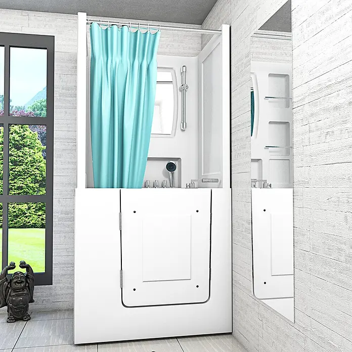 AcquaVapore Komplettdusche Fertigdusche S02D-TH-C-L - 100 x 78 x 205 cm, Weiß - Weiße barrierefreie Badewanne mit türkisem Duschvorhang in einem Badezimmer.