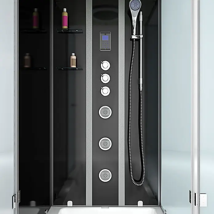 AcquaVapore Komplettdusche Fertigdusche K05-L33-WP - Schwarz - Moderne schwarze und graue Duschkabine mit Bedienfeld, Handbrause, Massagedüsen und Ablagen für Toilettenartikel.