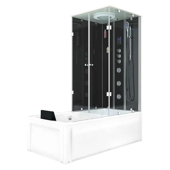 AcquaVapore Komplettdusche Fertigdusche K05-L33-EC - Schwarz - Weiße Badewanne mit integrierter Duschkabine aus schwarzem und klarem Glas, mit Regendusche, Handbrause, Massagedüsen und Bedienfeld.