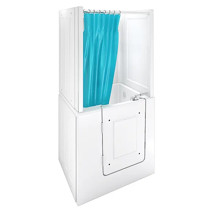 AcquaVapore Komplettdusche Fertigdusche S02D-TH-C-L - 100 x 78 x 205 cm, Weiß - Weißer begehbarer Badewanne mit seitlichem Einstieg und türkisfarbenem Duschvorhang.