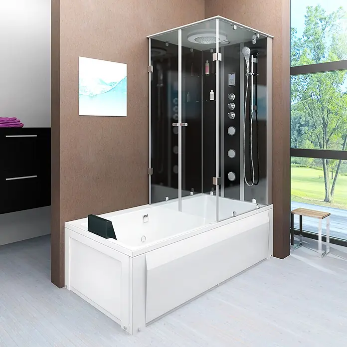 AcquaVapore Komplettdusche Fertigdusche K05-L33-EC - Schwarz - Eine weiße Badewanne mit integrierter schwarzgerahmter Glasduschkabine in einem modernen Badezimmer.