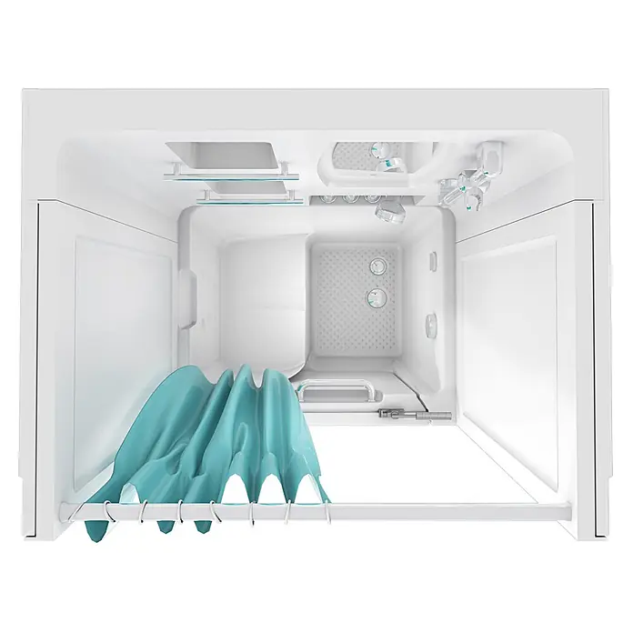 AcquaVapore Komplettdusche Fertigdusche S02D-TH-A-L - Weiß - Weißer Duschinnenraum mit türkisem flexiblem Bildschirm.