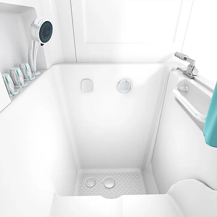 AcquaVapore Komplettdusche Fertigdusche S02D-TH-A-L - Weiß - Weiße barrierefreie Badewanne mit Handbrause, Chromarmaturen, Haltegriff und rutschfestem Boden für zugängliches Baden.