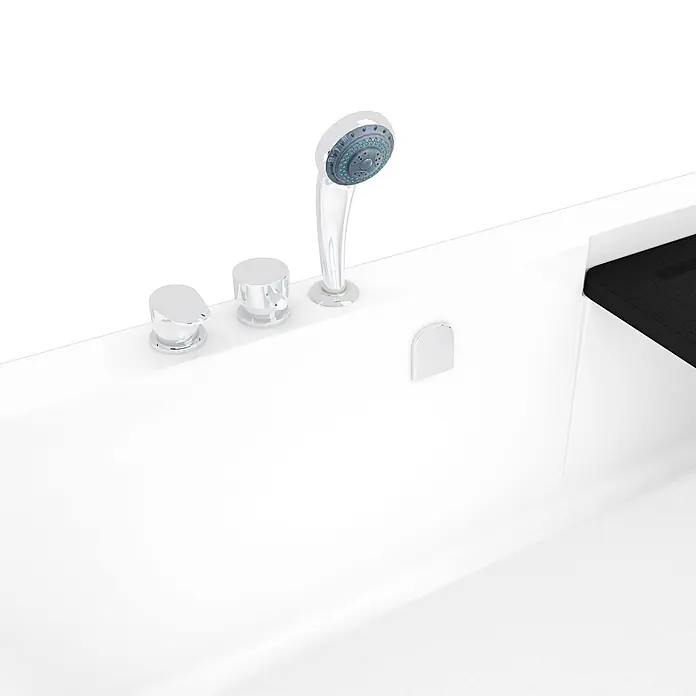 AcquaVapore Komplettdusche Fertigdusche S15D-EH-L - 150 x 75 x 215 cm, Weiß - Weiße Badewanne mit Chrom-Handbrause, zwei Bedienknöpfen, Überlaufabdeckung und schwarzer integrierter Ablage.