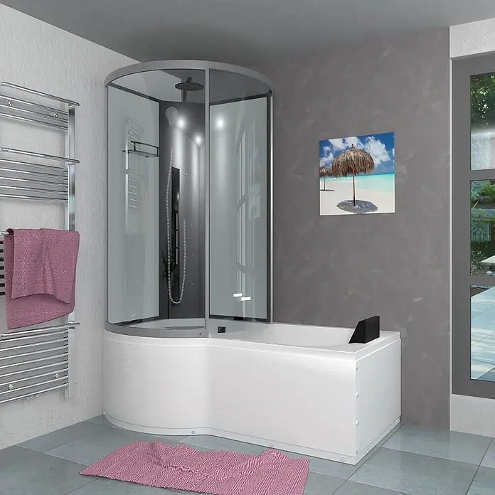AcquaVapore Komplettdusche Fertigdusche K50-R02-EC - Weiß - Weiße Eckduschkabine mit integrierter Badewanne, klaren Glastüren und Chromdetails, in einem modernen Badezimmer.