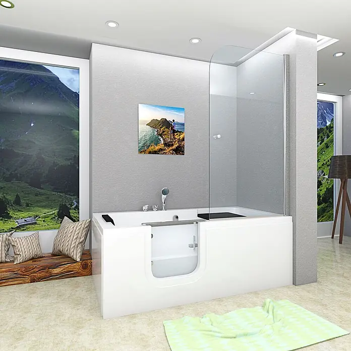 AcquaVapore Komplettdusche Fertigdusche S15D-EH-L - 150 x 75 x 215 cm, Weiß - Weiße begehbare Badewanne mit integrierter Duschwand für barrierefreies Baden und Duschen.
