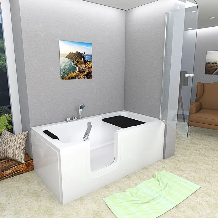 AcquaVapore Komplettdusche Fertigdusche S15D-EH-L - 150 x 75 x 215 cm, Weiß - Weiße begehbare Badewanne mit einfachem Einstieg in einem modernen Badezimmer.