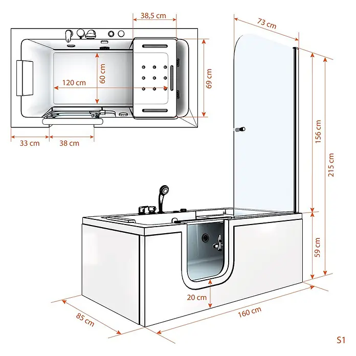 AcquaVapore Komplettdusche Fertigdusche S15D-TH-L-EC - 150 x 75 x 215 cm, Weiß - Weiße begehbare Badewanne mit integriertem Sitz, klarer Duschwand und detaillierten Abmessungen zur Installation.