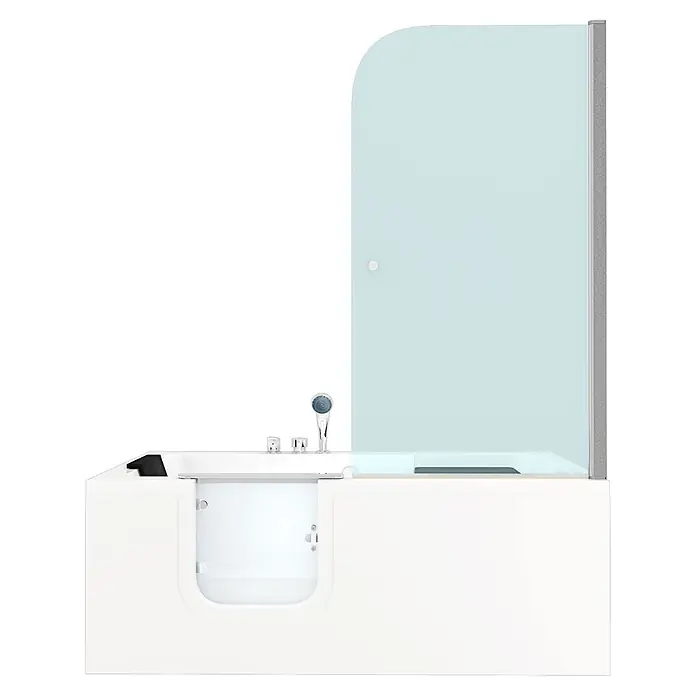 AcquaVapore Komplettdusche Fertigdusche S15D-EH-L - 150 x 75 x 215 cm, Weiß - Weiße begehbare Badewanne mit integrierter Glas-Duschabtrennung, Chromarmaturen und Brause.