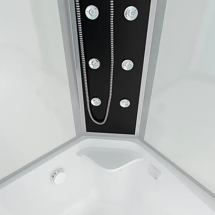 AcquaVapore Komplettdusche Fertigdusche K50-R01 - Weiß - Innenansicht einer Eck-Duschkabine mit schwarzem Paneel, Körperdüsen, Handbrause und integriertem weißen Eckhocker.