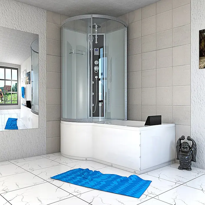 AcquaVapore Komplettdusche Fertigdusche K50-R01 - Weiß - Weißes Dusch-Wannen-Kombinationselement mit klarer Glasduschkabine, integriertem Duschpaneel und geschwungenem Design in einem modern gefliesten Badezimmer.