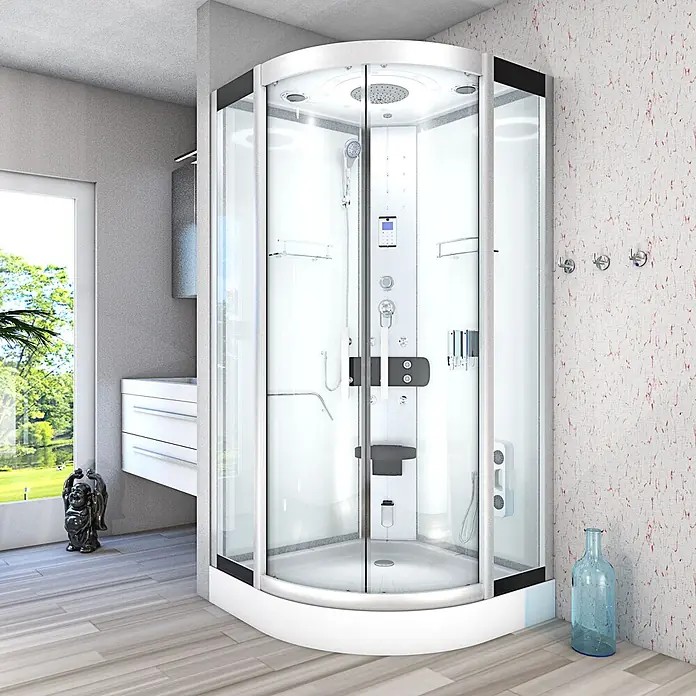 AcquaVapore Komplettdusche Dampfdusche D58-20T2-EC - 100 x 100 x 215 cm, Weiß - Weiße Eckduschkabine mit Klarglastüren und mehreren Duschköpfen, installiert in einem modernen Badezimmer.