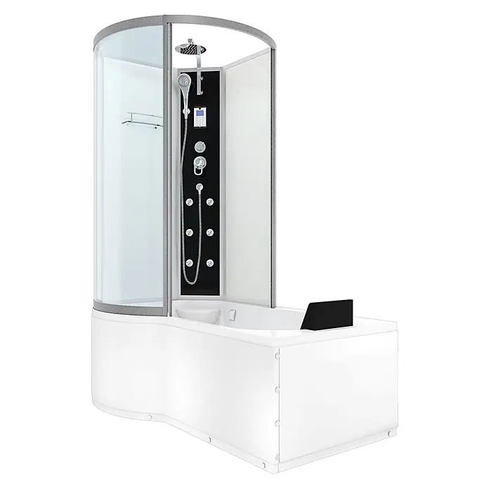 AcquaVapore Komplettdusche Fertigdusche K50-R01 - Weiß - Weiße Dusch-Badewannen-Kombination mit klarer Glasduschkabine und schwarzem Massageduschpaneel.
