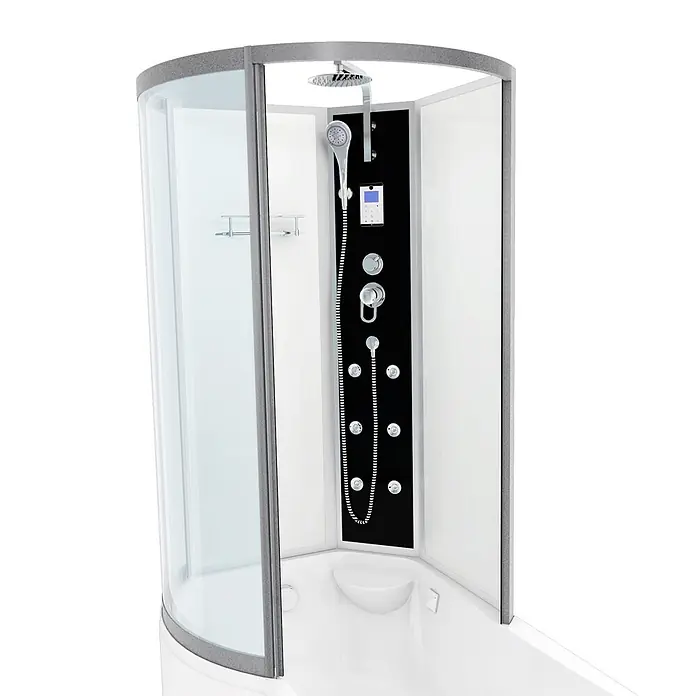 AcquaVapore Komplettdusche Fertigdusche K50-R01 - Weiß - Moderne Eckduschkabine mit Klarglas, grauem Rahmen, weißen Paneelen, schwarzem Bedienfeld, Regenbrause, Handbrause und Massagedüsen.