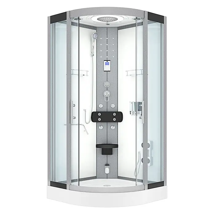 AcquaVapore Komplettdusche Dampfdusche D58-20T2-EC - 100 x 100 x 215 cm, Weiß - Moderne Eckduschkabine mit grauen Texturplatten, Klarglas, Chromarmaturen, integriertem Sitz und mehreren Duschfunktionen.