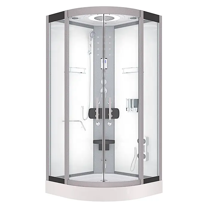 AcquaVapore Komplettdusche Dampfdusche D58-20T2-EC - 100 x 100 x 215 cm, Weiß - Moderne Eckduschkabine mit Klarglas, grauem Texturrahmen, weißem Sockel. Ausgestattet mit Regendusche, Handbrause, Massagedüsen, Bedienfeld und Klappsitz.