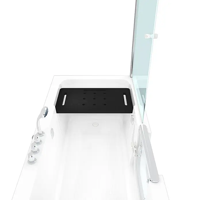 AcquaVapore Komplettdusche Fertigdusche S15D-TH-L-EC - Weiß - Weiße Badewanne mit schwarzer Transferbank und Glasduschwand für barrierefreies Baden und Duschen.