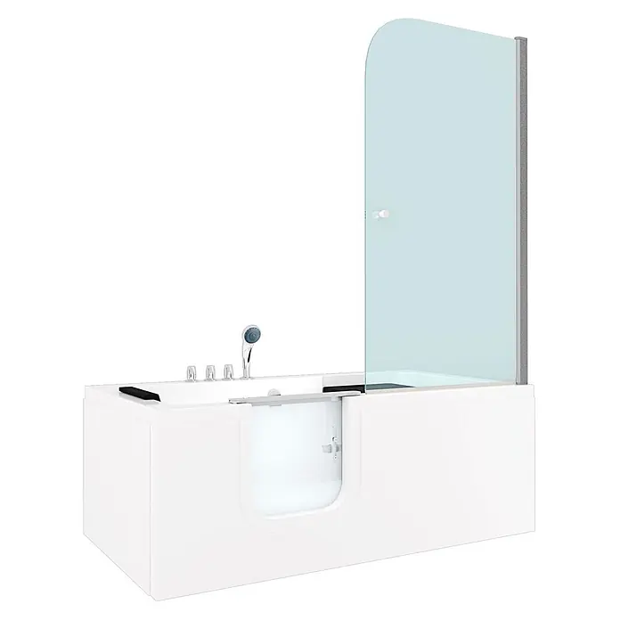 AcquaVapore Komplettdusche Fertigdusche S15D-TH-L-EC - Weiß - Weiße barrierefreie Badewanne mit integrierter Glasduschwand, niedriger Einstiegstür, Duschkopf und Armaturen.