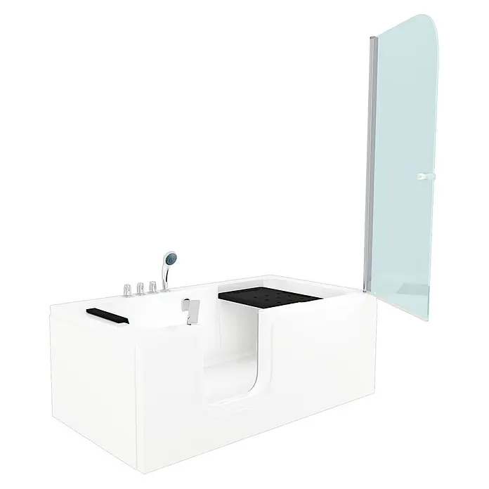AcquaVapore Komplettdusche Fertigdusche S15D-TH-L-EC - Weiß - Weiße Walk-in-Badewanne mit integriertem schwarzem Sitz, Chromarmatur, Handbrause und klarer Duschwand.