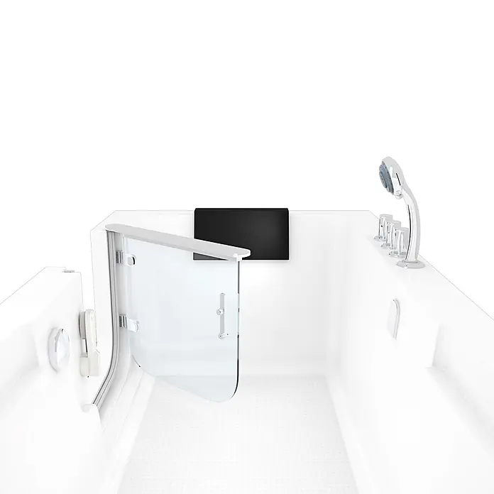 AcquaVapore Komplettdusche Fertigdusche S15D-TH-L-EC - Weiß - Weiße begehbare Badewanne mit Glastür, schwarzer Kopfstütze und Chrom-Duscharmaturen.