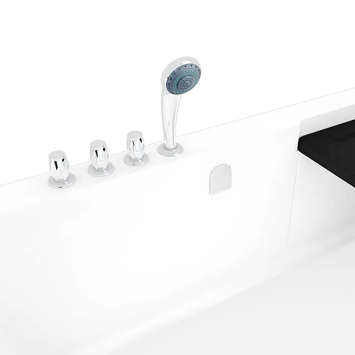 AcquaVapore Komplettdusche Fertigdusche S15D-TH-L-EC - Weiß - Weiße Badewanne mit Chrom-Bedienknöpfen, Handbrause und integriertem schwarzem Regal.