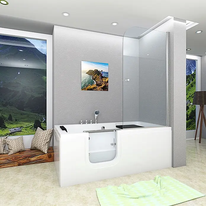 AcquaVapore Komplettdusche Fertigdusche S15D-TH-L-EC - Weiß - Weiße barrierefreie Badewanne mit integrierter Glasduschwand in modernem Badezimmer.