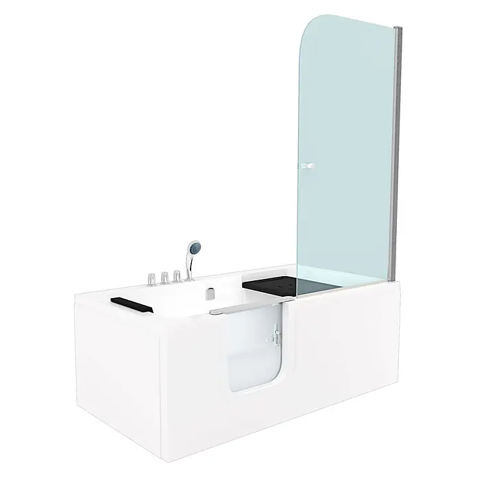 AcquaVapore Komplettdusche Fertigdusche S15D-TH-L-EC - Weiß - Weiße begehbare Badewanne mit Glastür, integrierter Duschwand, Handbrause, Chromarmaturen und schwarzem Innensitz.