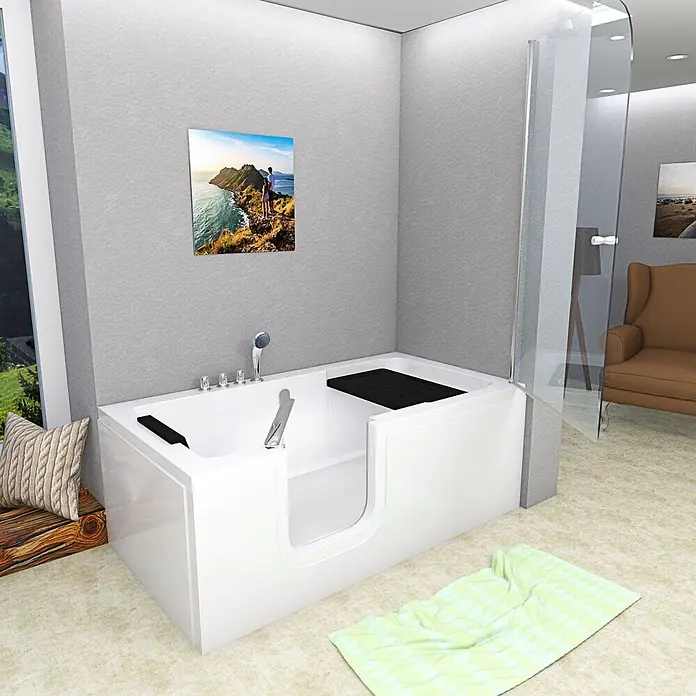 AcquaVapore Komplettdusche Fertigdusche S15D-TH-L-EC - Weiß - Weiße barrierefreie Badewanne mit schwarzem Sitz und integrierten Armaturen, in einem modernen Badezimmer für leichten Zugang.