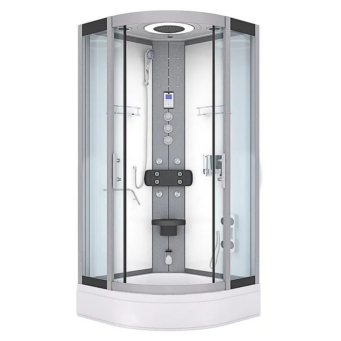 AcquaVapore Komplettdusche Dampfdusche D58-60T3-EC - Weiß - Moderne Duschkabine mit weißer Basis, grauem Interieur, Glastüren, mehreren Duschköpfen, digitalen Bedienelementen und integriertem Sitz.