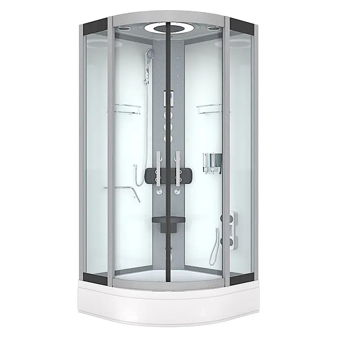 AcquaVapore Komplettdusche Dampfdusche D58-60T3-EC - Weiß - Moderne graue und weiße Eckduschkabine mit Glastüren, mehreren Duschköpfen, Massagedüsen und integriertem Sitz.