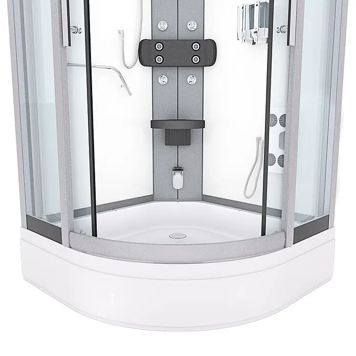 AcquaVapore Komplettdusche Dampfdusche D58-60T3-EC - Weiß - Weiße Viertelkreis-Duschkabine mit Klarglaswänden, grauer Innenverkleidung mit Massagedüsen, Handbrause und integriertem Regal.