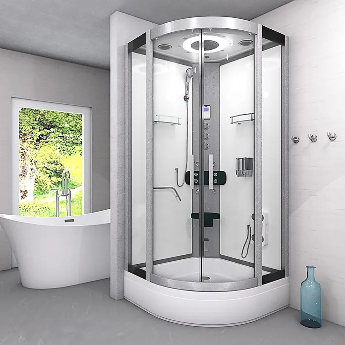 AcquaVapore Komplettdusche Dampfdusche D58-60T3-EC - Weiß - Moderne Eckduschkabine mit Glastüren und grauem Strukturrahmen, inklusive Jets und Sitz, in einem zeitgenössischen Badezimmer.